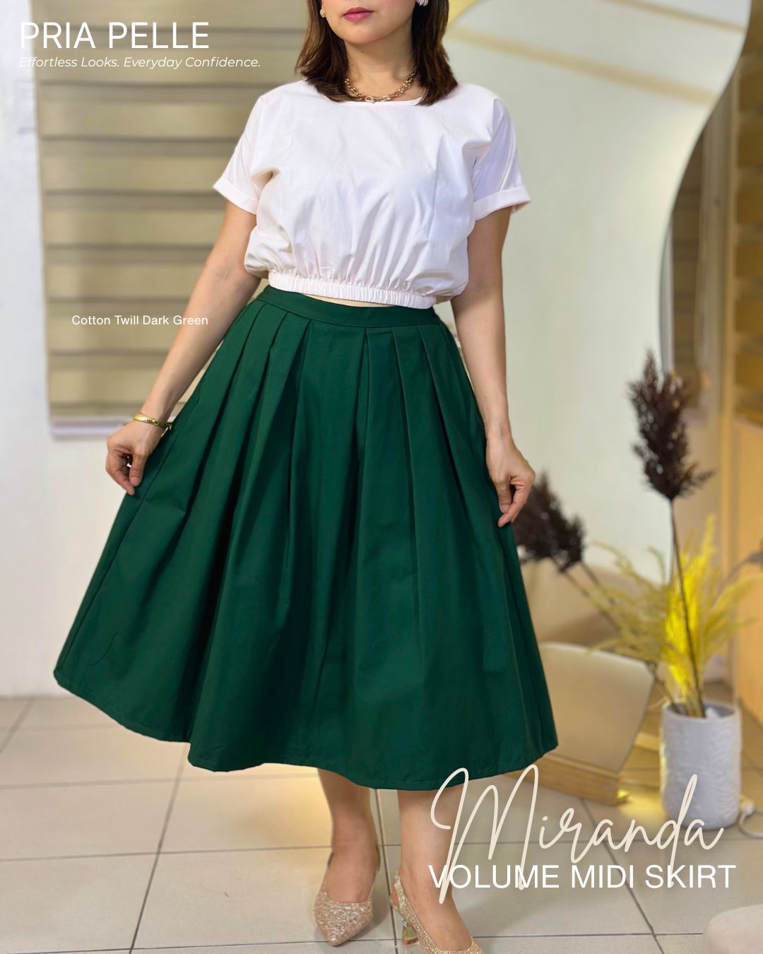 Pria Pelle Miranda Midi Volume Skirt | Cotton Twill Dark Green