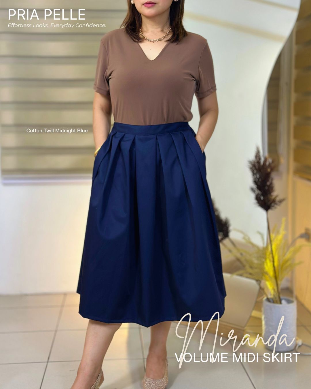 Pria Pelle Miranda Midi Volume Skirt | Cotton Twill Midnight Blue