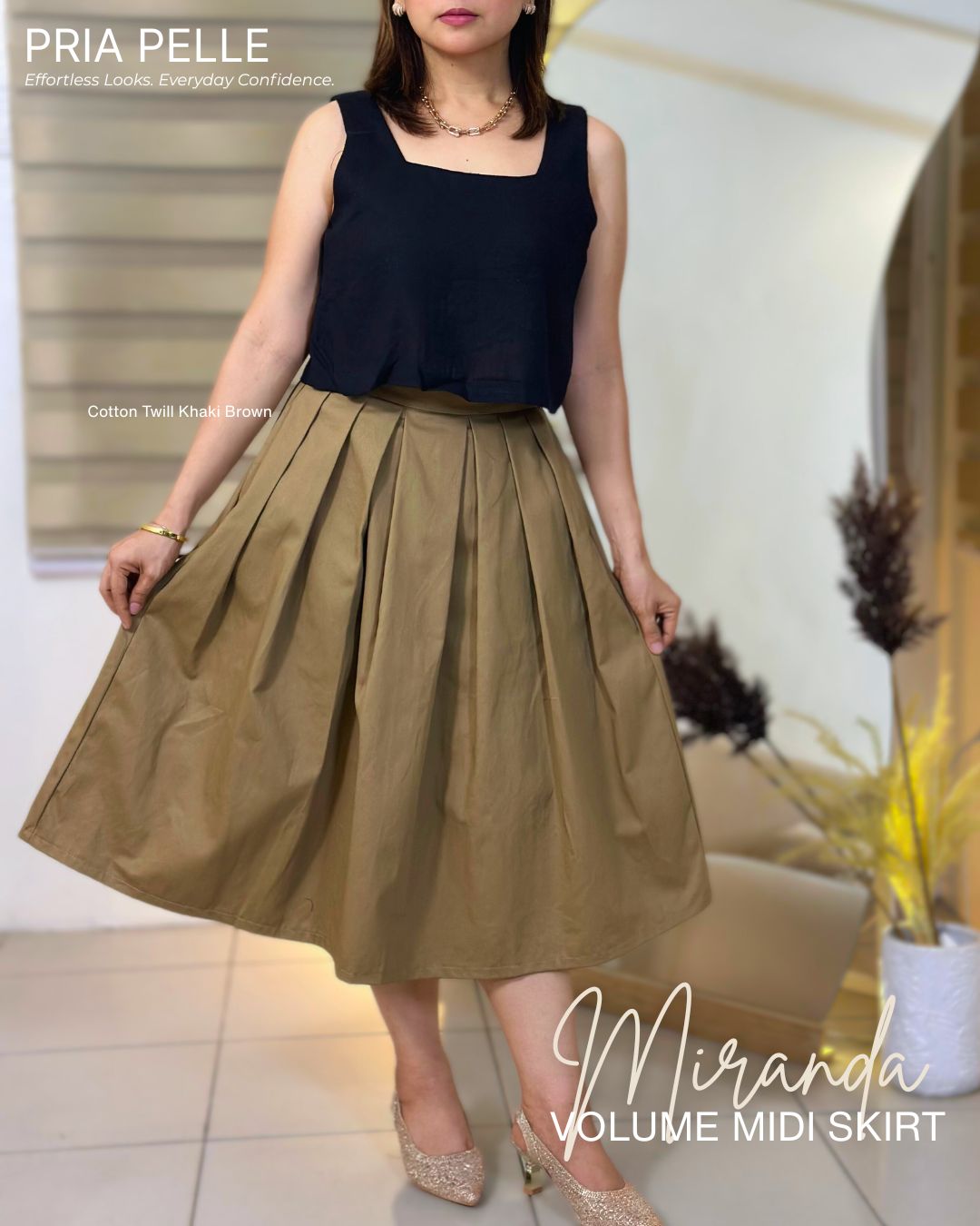 Pria Pelle Miranda Midi Volume Skirt | Cotton Twill Khaki Brown
