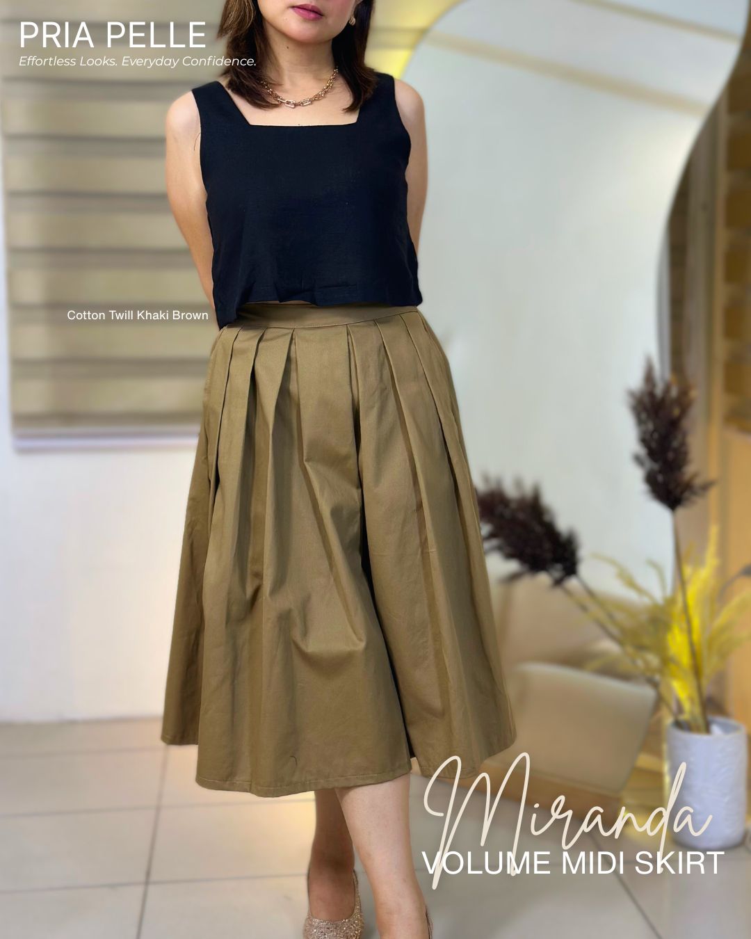 Pria Pelle Miranda Midi Volume Skirt | Cotton Twill Khaki Brown