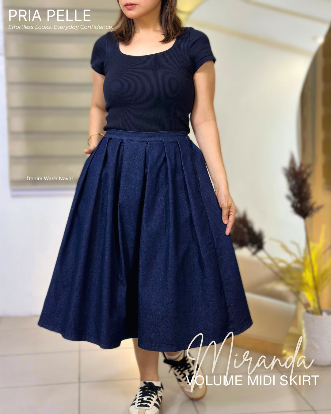 Pria Pelle Miranda Midi Volume Skirt | Denim Wash Naval