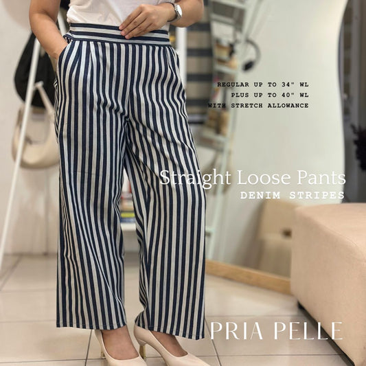 Pria Pelle Women's Straight Pleated Loose Pants | Denim Stripes  | Stretch