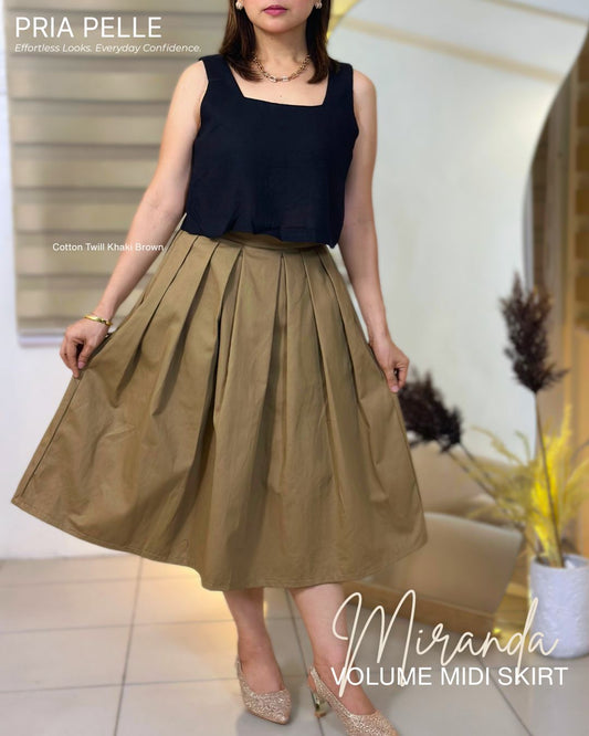 Pria Pelle Miranda Midi Volume Skirt | Cotton Twill Khaki Brown