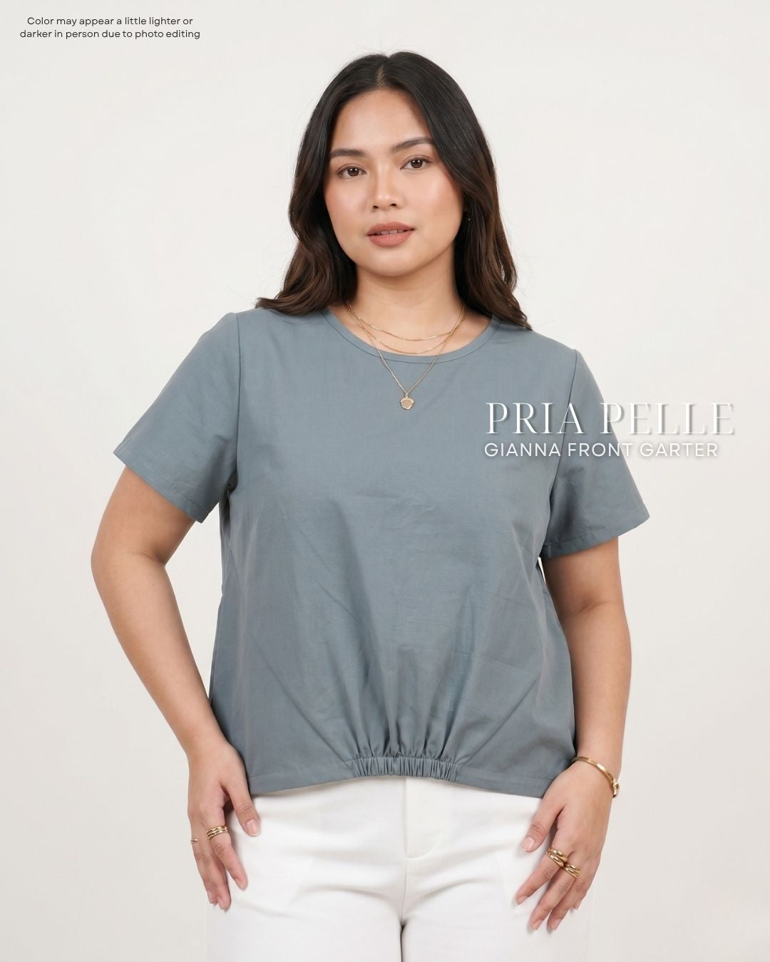 Pria Pelle Gianna Front Garter Top - Textured Linen Pewter Blue | Non Stretch