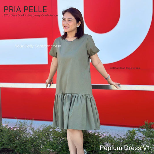 Pria Pelle Peplum Dress V1 | Cotton Blend Sage Green - Non Stretch