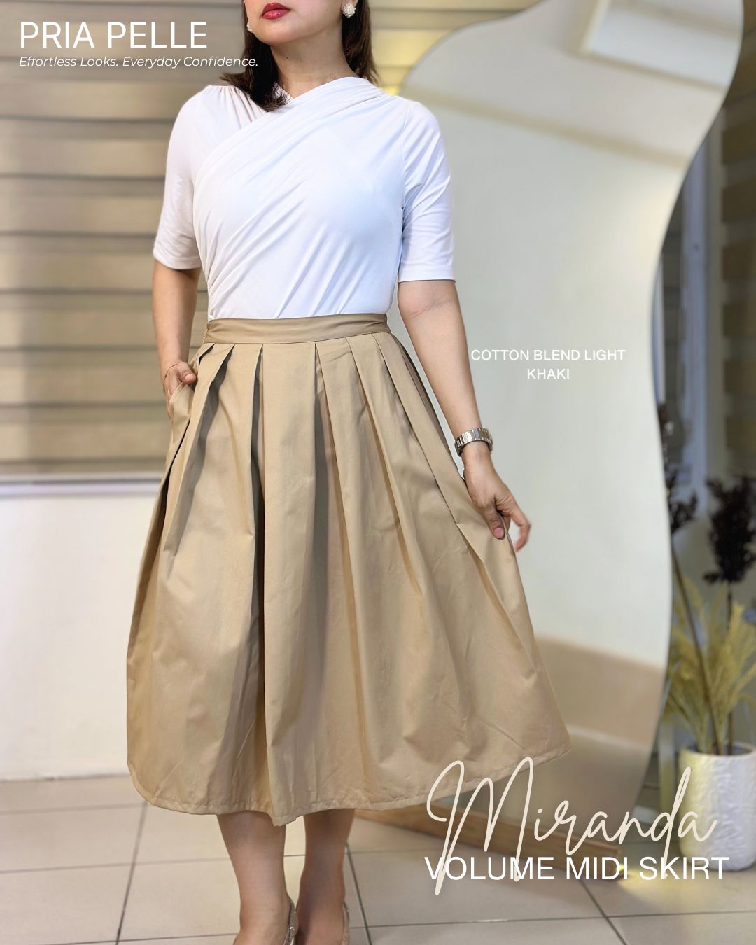 Pria Pelle Miranda Midi Volume Skirt | Cotton Blend Light Khaki