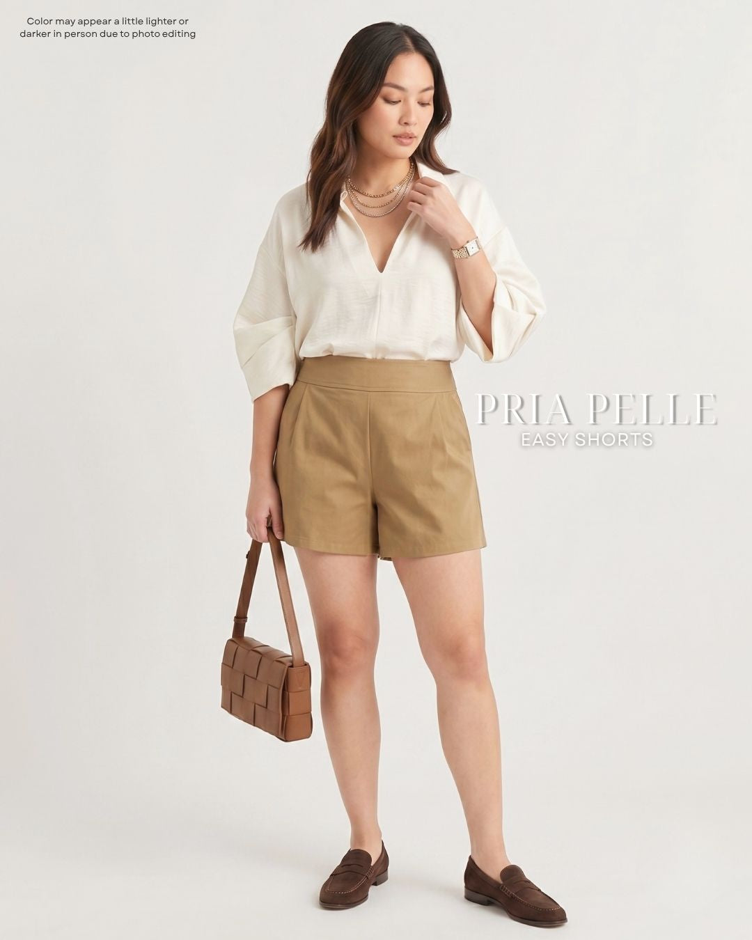 Pria Pelle Easy Shorts | Back garter - Cotton Twill Khaki Brown | Non Stretch