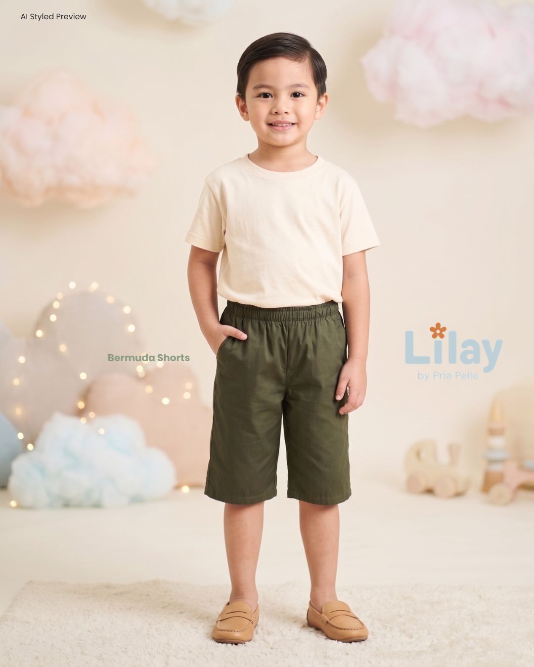 Lilay Kids Bermuda Shorts - Cotton Blend Army Green | Non Stretch