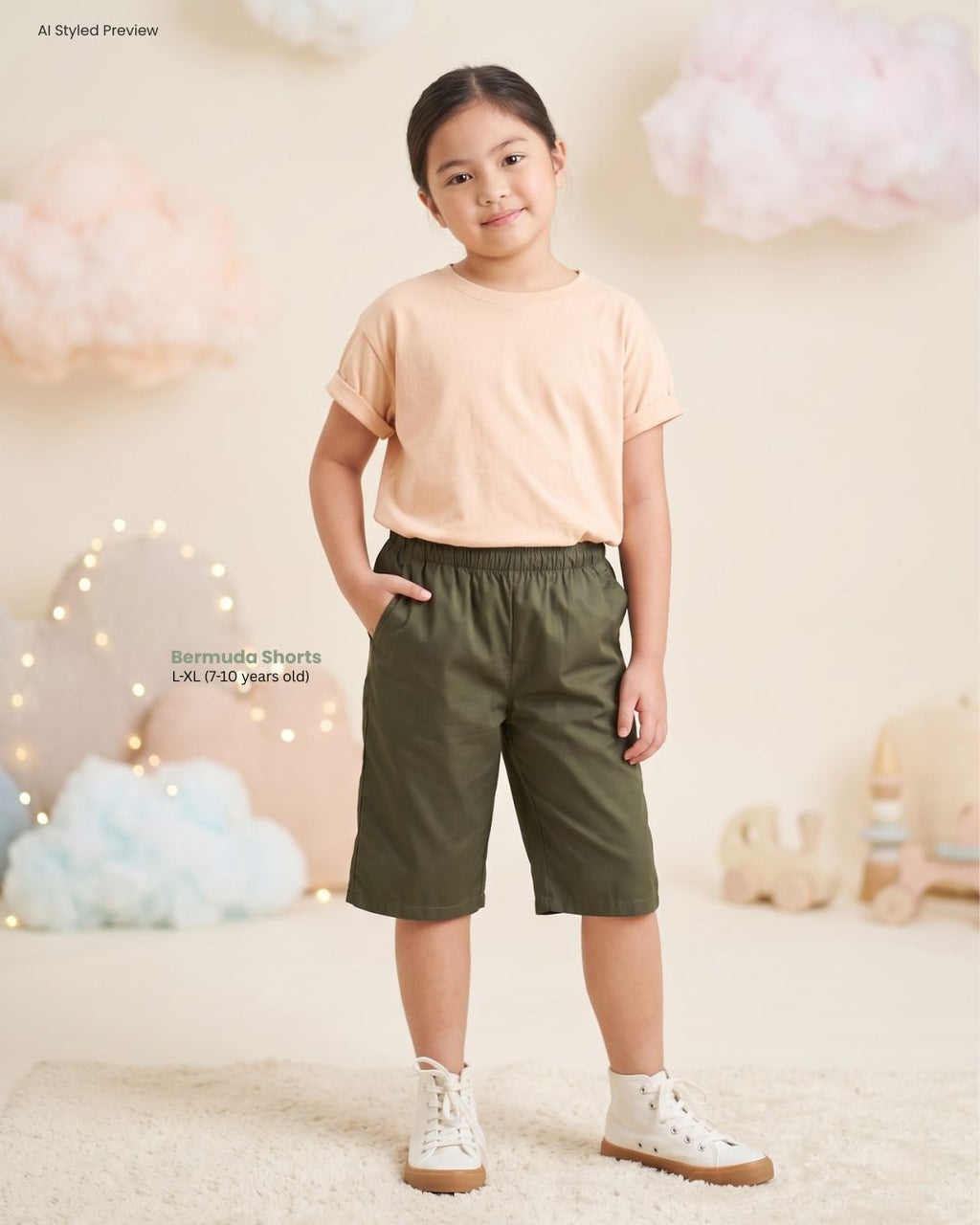 Lilay Kids Bermuda Shorts - Cotton Blend Army Green | Non Stretch