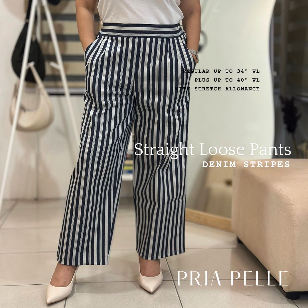 Pria Pelle Women's Straight Pleated Loose Pants | Denim Stripes  | Stretch