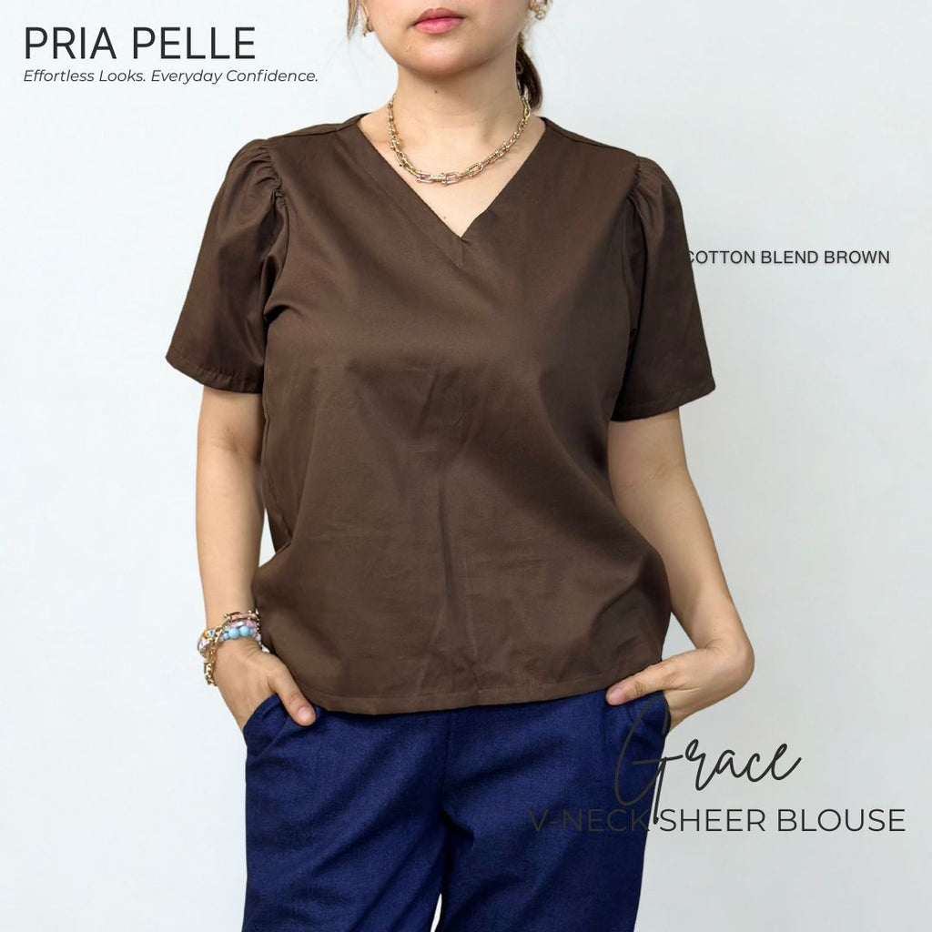 Pria Pelle Grace V-Neck Shirred Top - Cotton Blend Brown