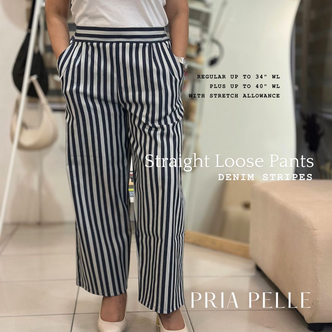 Pria Pelle Women's Straight Pleated Loose Pants | Denim Stripes  | Stretch
