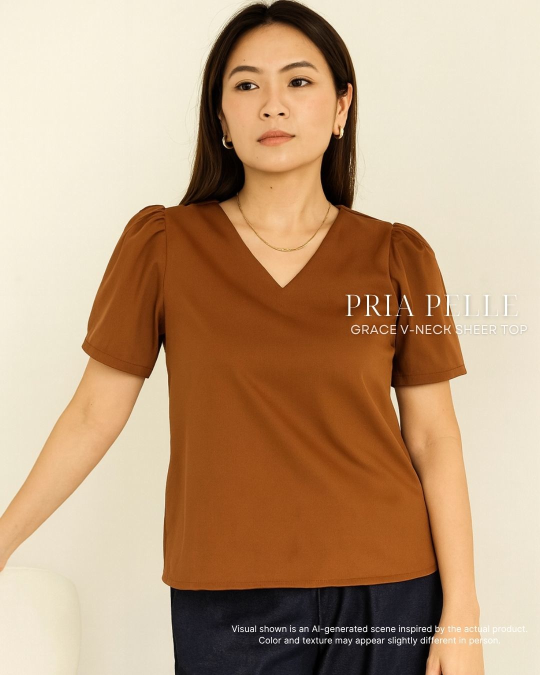 Pria Pelle Grace V-Neck Shirred Top - Twill Blend Rust
