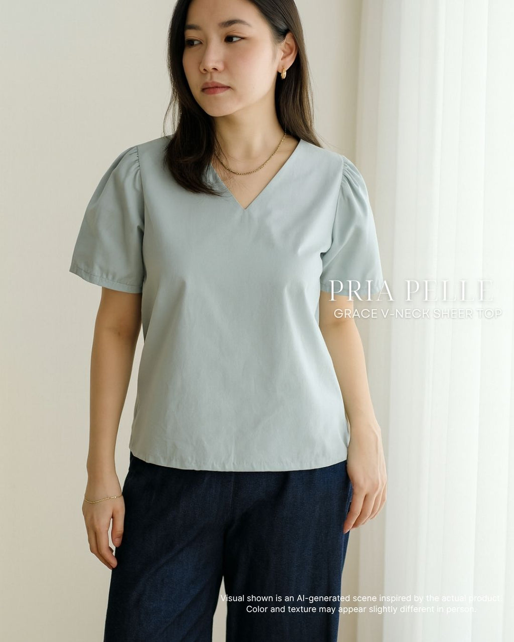 Pria Pelle Grace V-Neck Shirred Top - Twill Blend Light Sage