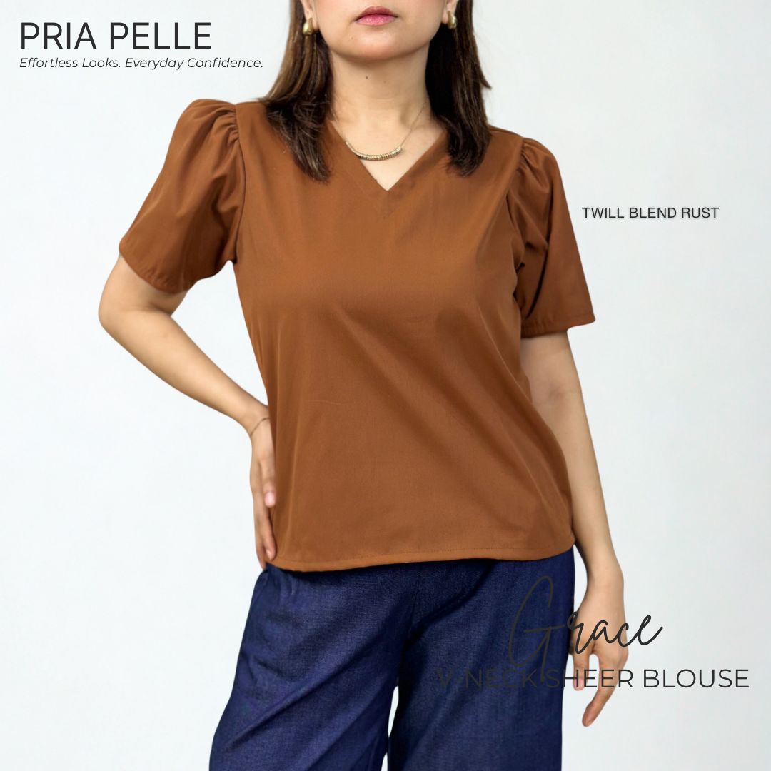 Pria Pelle Grace V-Neck Shirred Top - Twill Blend Rust