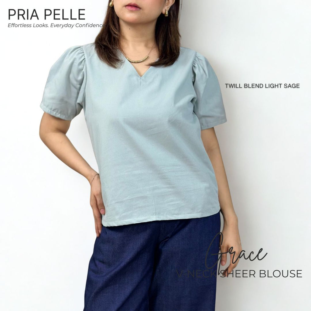 Pria Pelle Grace V-Neck Shirred Top - Twill Blend Light Sage