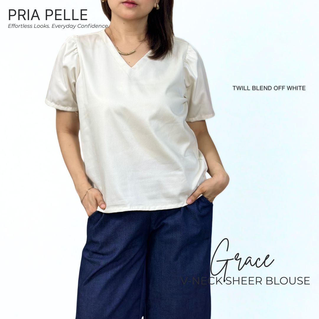 Pria Pelle Grace V-Neck Shirred Top - Twill Blend Off White