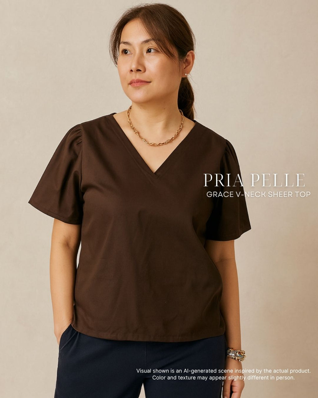 Pria Pelle Grace V-Neck Shirred Top - Cotton Blend Brown