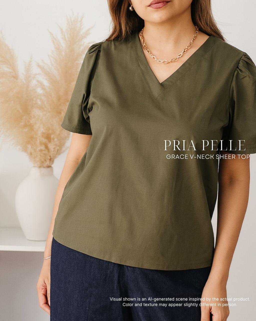 Pria Pelle Grace V-Neck Shirred Top - Cotton Blend Army Green