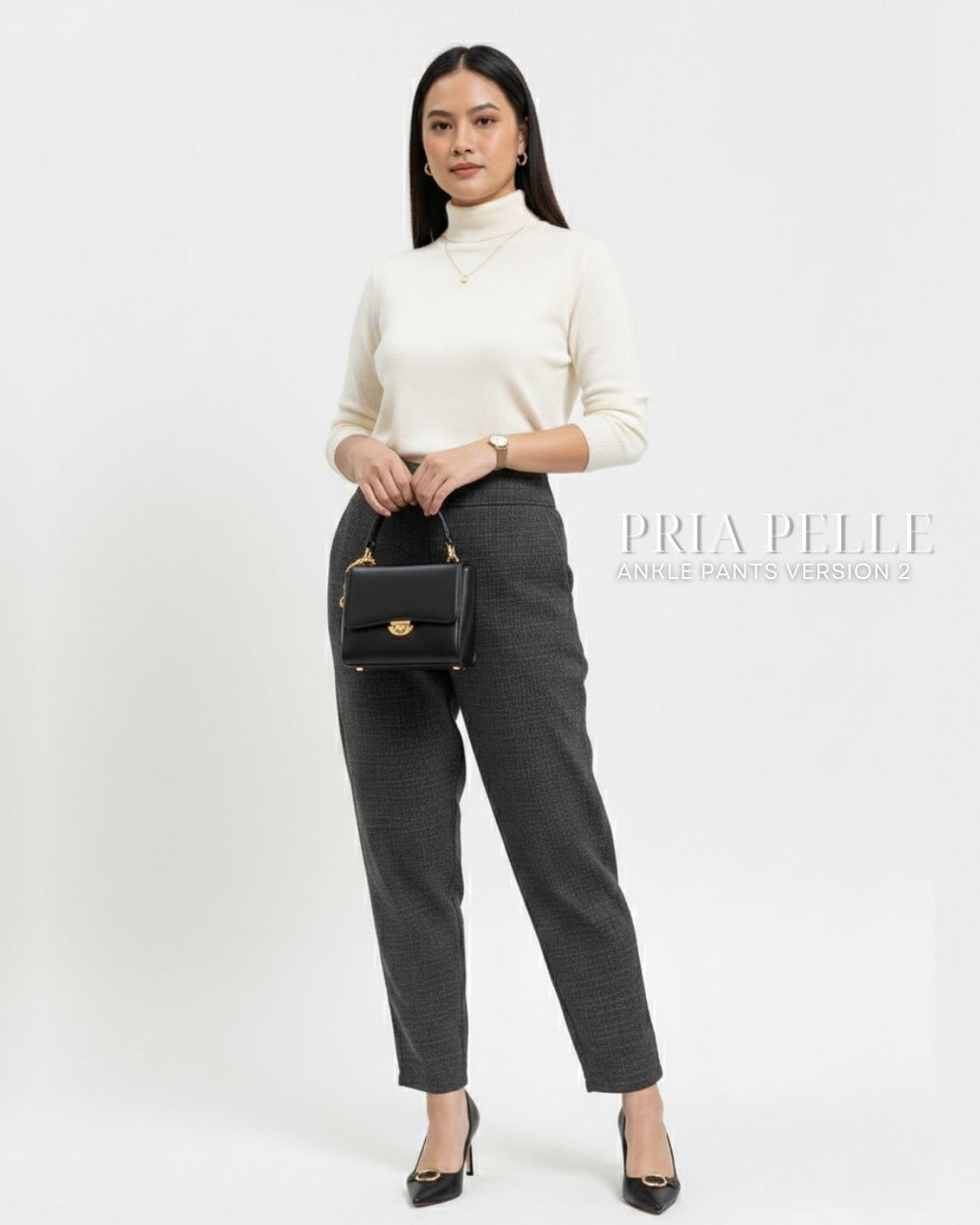 Pria Pelle Ankle Pants Version 2 | Back Garter - Cotton Blend Plaid Charcoal Gray | Non Stretch