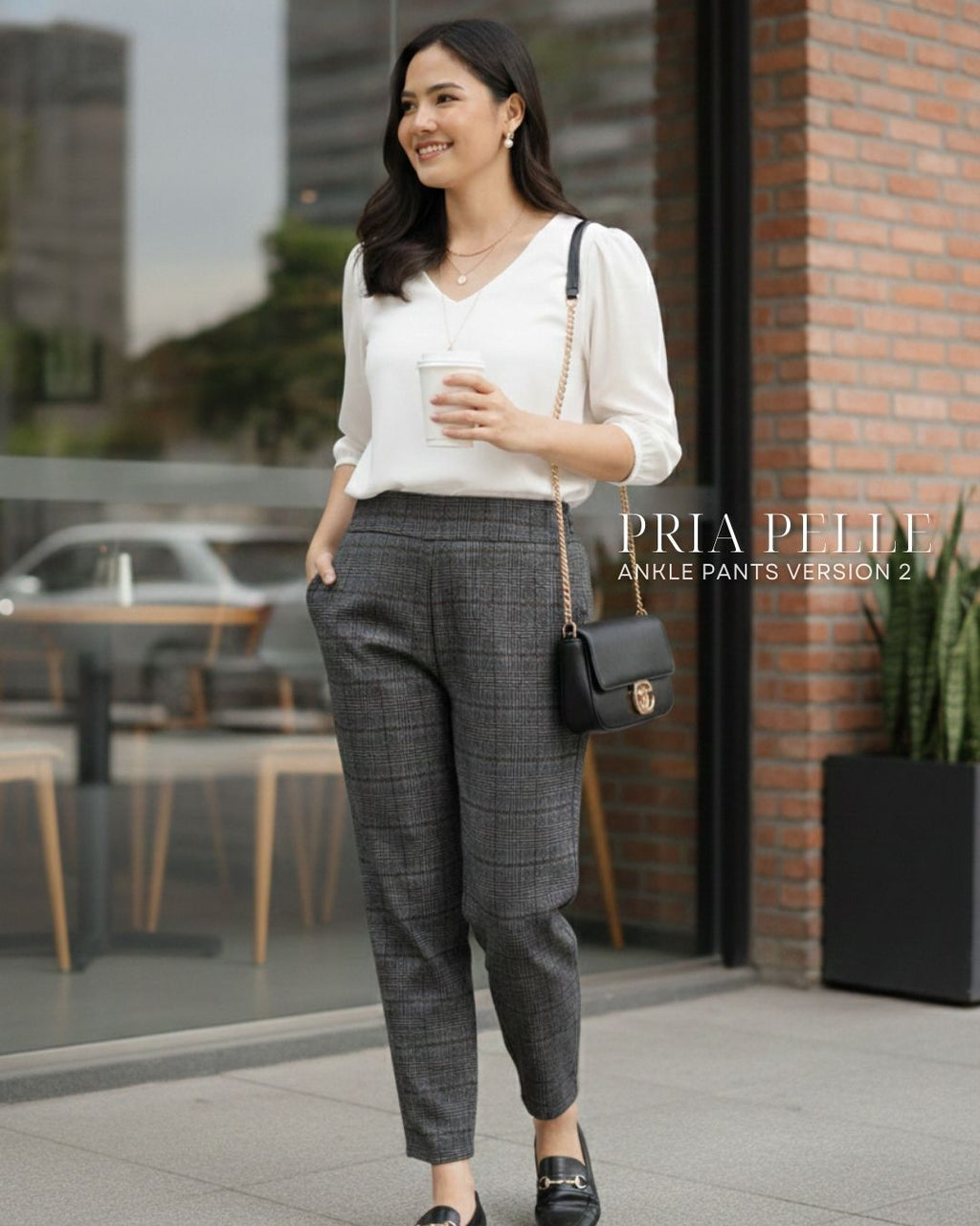 Pria Pelle Ankle Pants Version 2 | Back Garter - Cotton Blend Tartan Charcoal Gray | Non Stretch