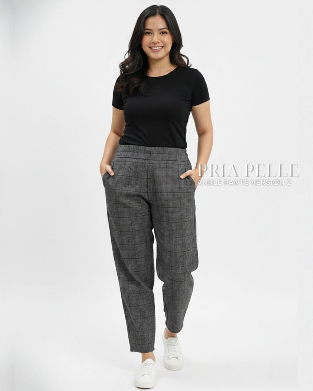 Pria Pelle Ankle Pants Version 2 | Back Garter - Cotton Blend Tartan Charcoal Gray | Non Stretch