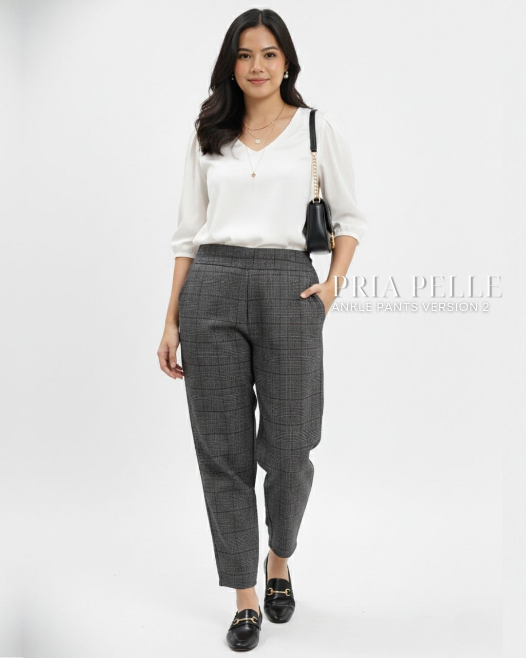 Pria Pelle Ankle Pants Version 2 | Back Garter - Cotton Blend Tartan Charcoal Gray | Non Stretch