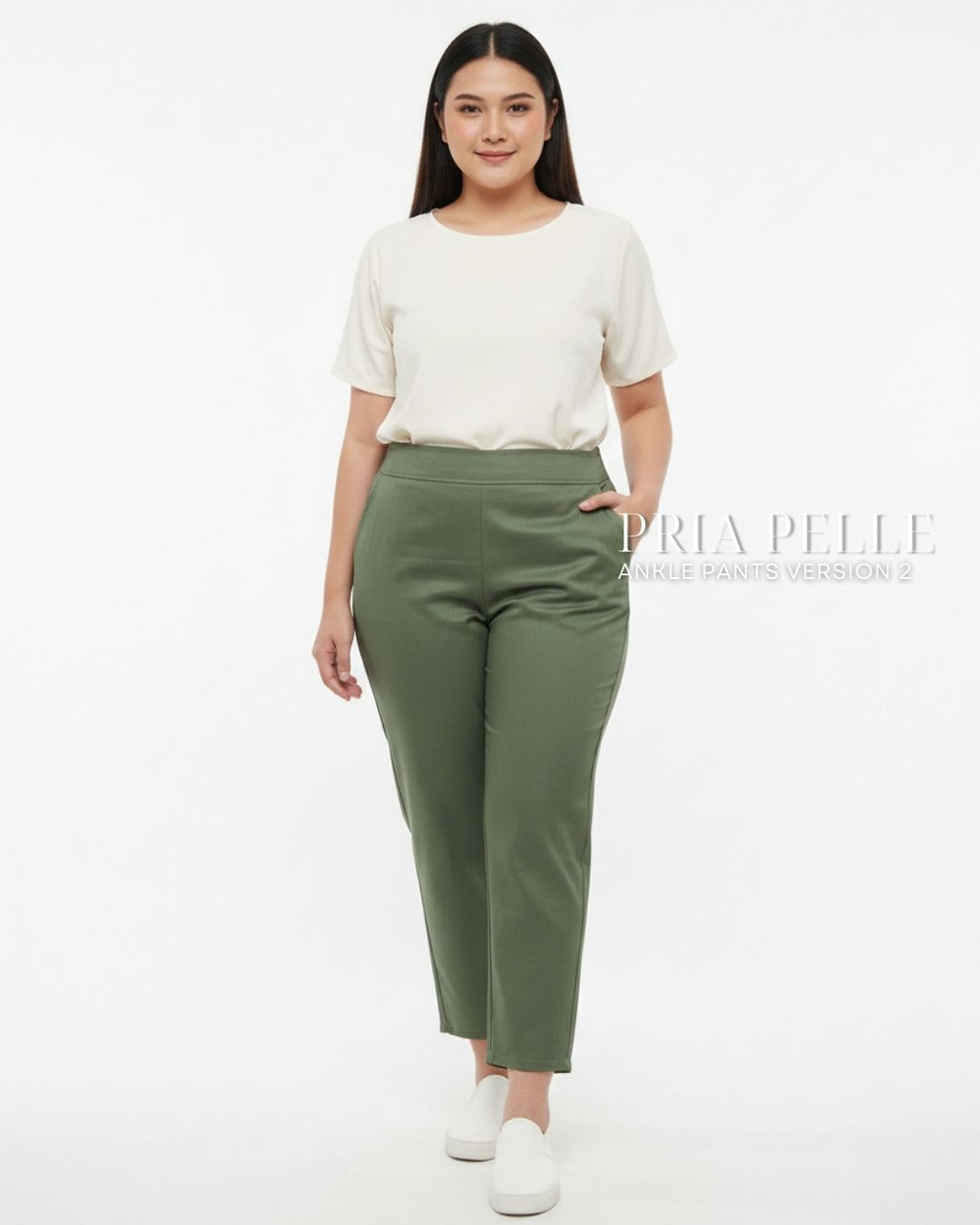 Pria Pelle Ankle Pants Version 2 | Back Garter - Cotton Blend Sage Green (Herringbone Stripes) | Non Stretch