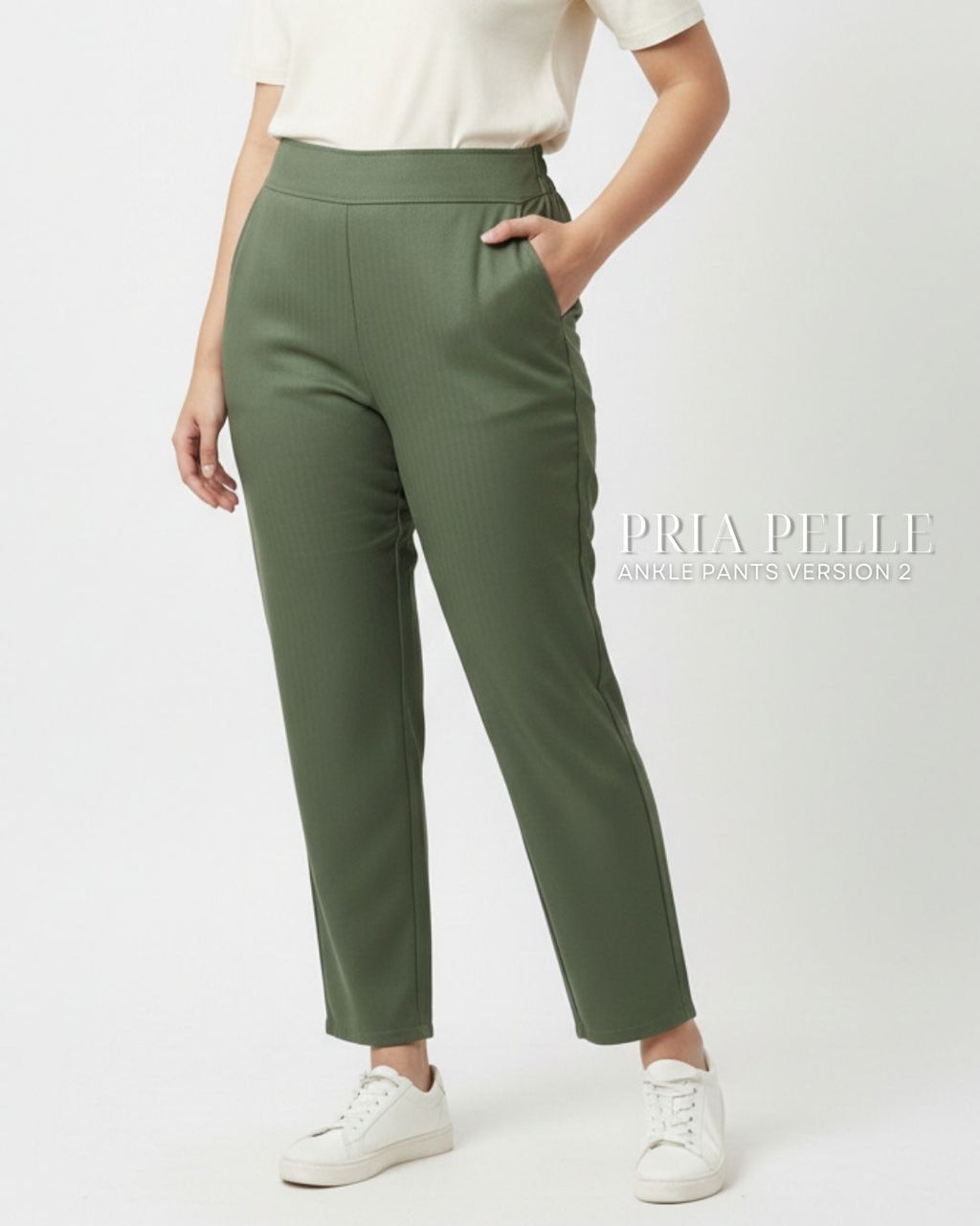 Pria Pelle Ankle Pants Version 2 | Back Garter - Cotton Blend Sage Green (Herringbone Stripes) | Non Stretch