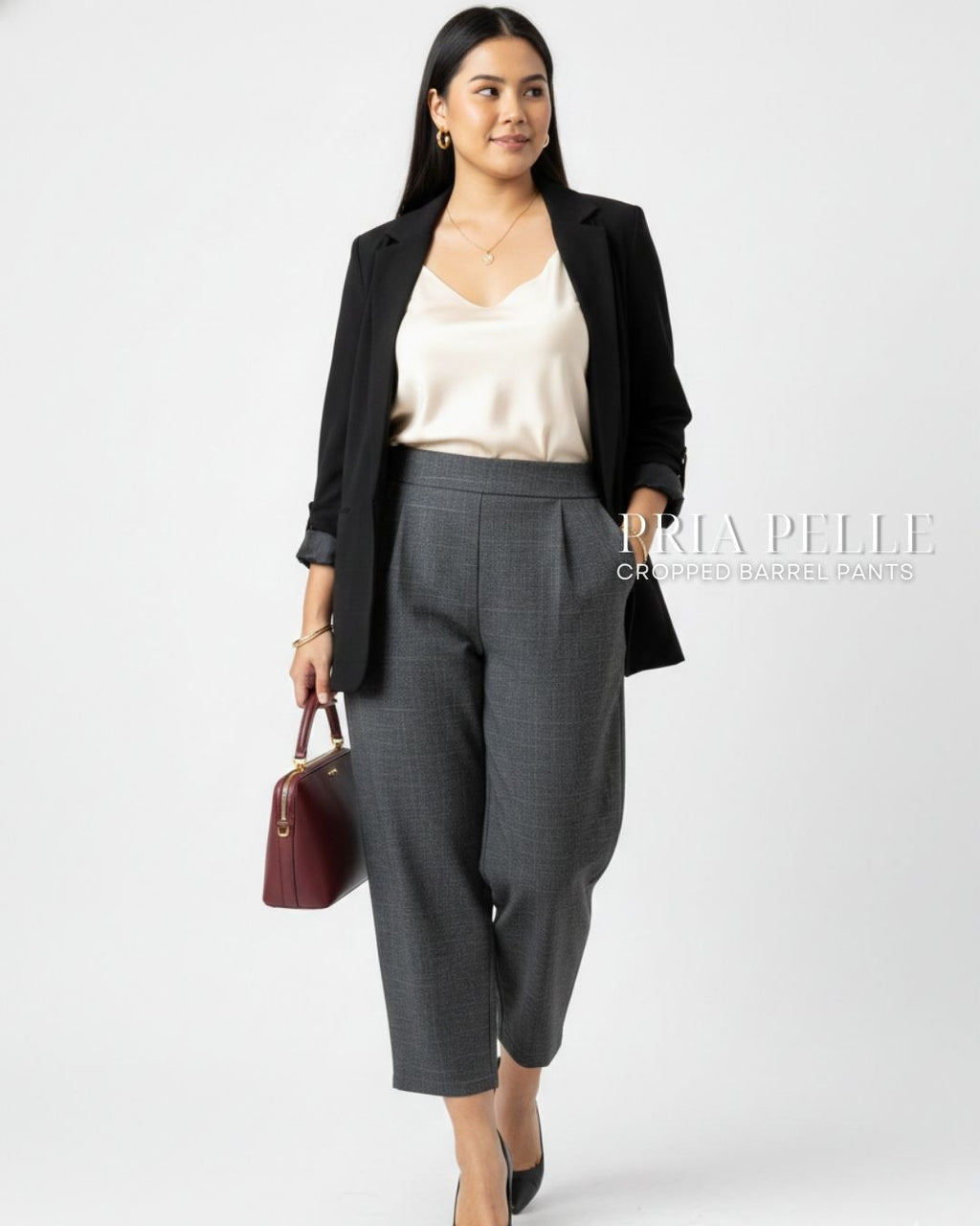 Pria Pelle Cropped Barrel Pants | Back Garter -  Cotton Blend Plaid Charcoal Gray