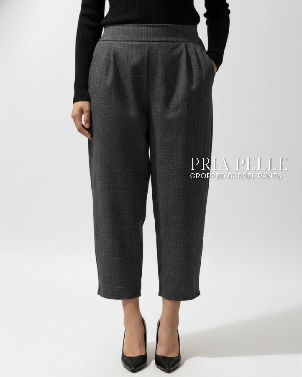 Pria Pelle Cropped Barrel Pants | Back Garter -  Cotton Blend Plaid Charcoal Gray
