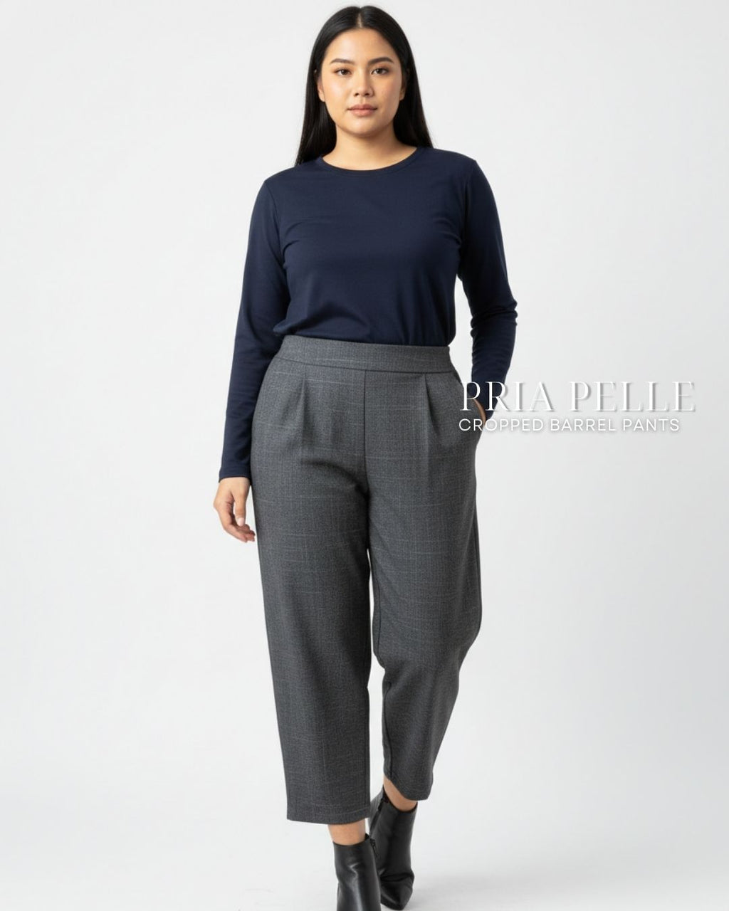 Pria Pelle Cropped Barrel Pants | Back Garter -  Cotton Blend Plaid Charcoal Gray