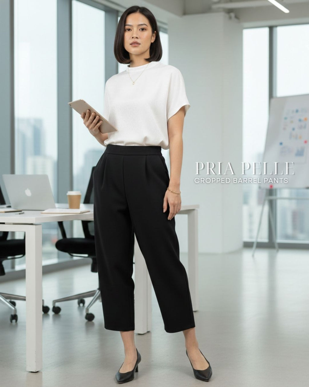 Pria Pelle Cropped Barrel Pants | Back Garter -  Cotton Blend Black | Non Stretch