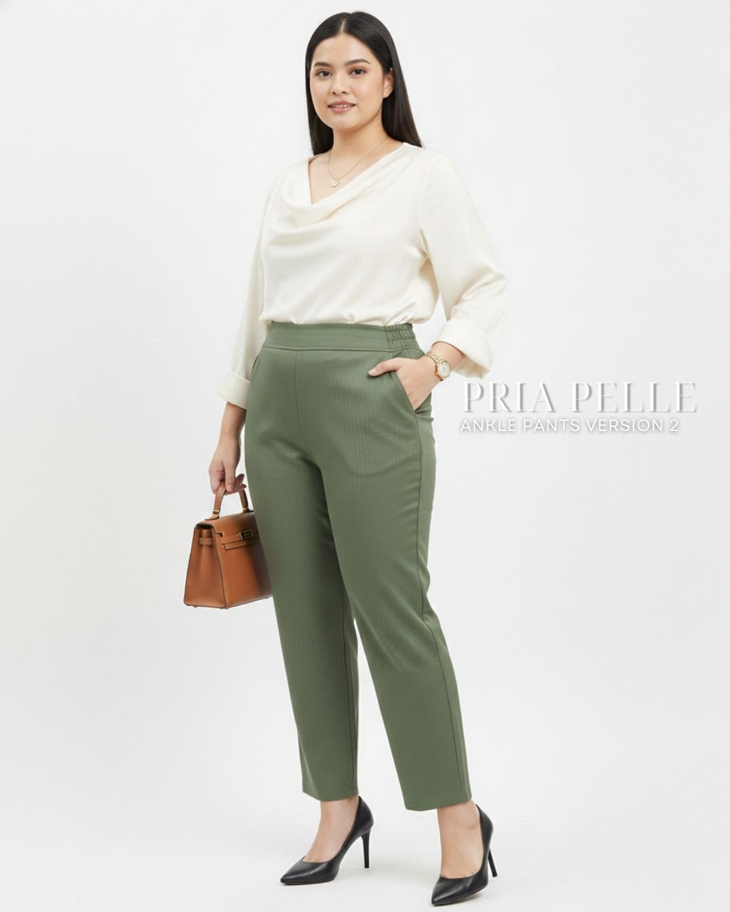 Pria Pelle Ankle Pants Version 2 | Back Garter - Cotton Blend Sage Green (Herringbone Stripes) | Non Stretch
