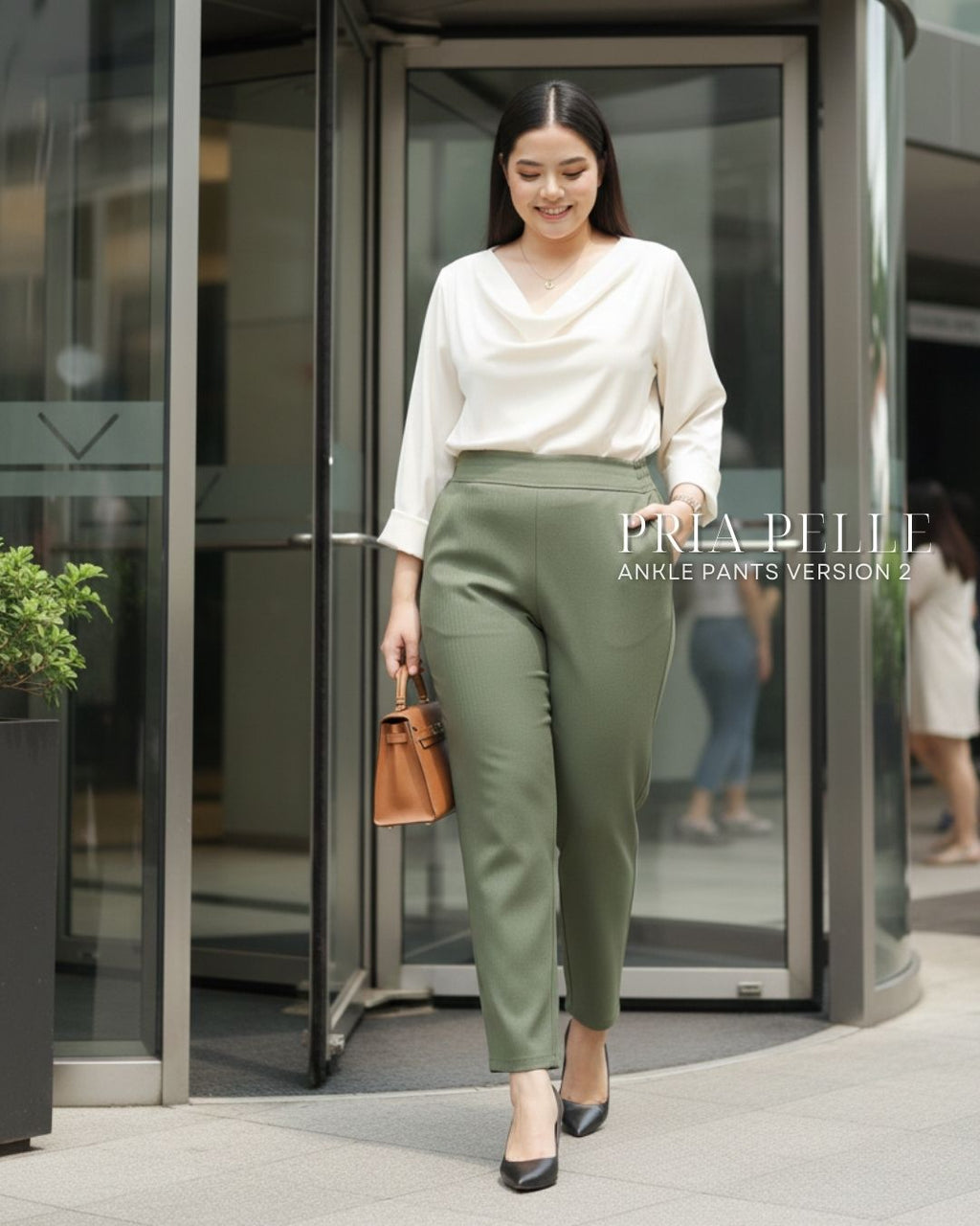 Pria Pelle Ankle Pants Version 2 | Back Garter - Cotton Blend Sage Green (Herringbone Stripes) | Non Stretch