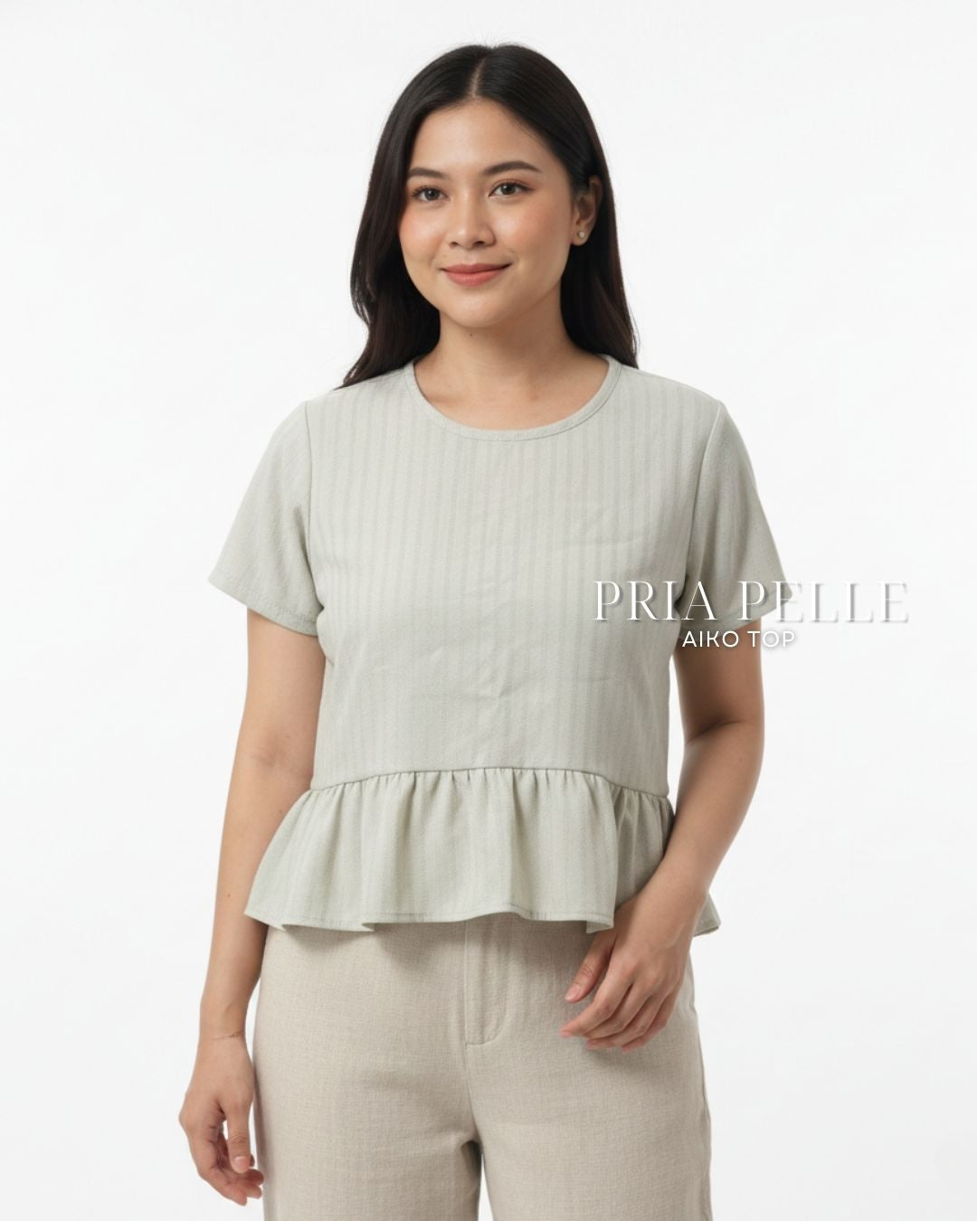 Pria Pelle Aiko Top - Cotton Textured Celeste Stripes Sage | Non Stretch