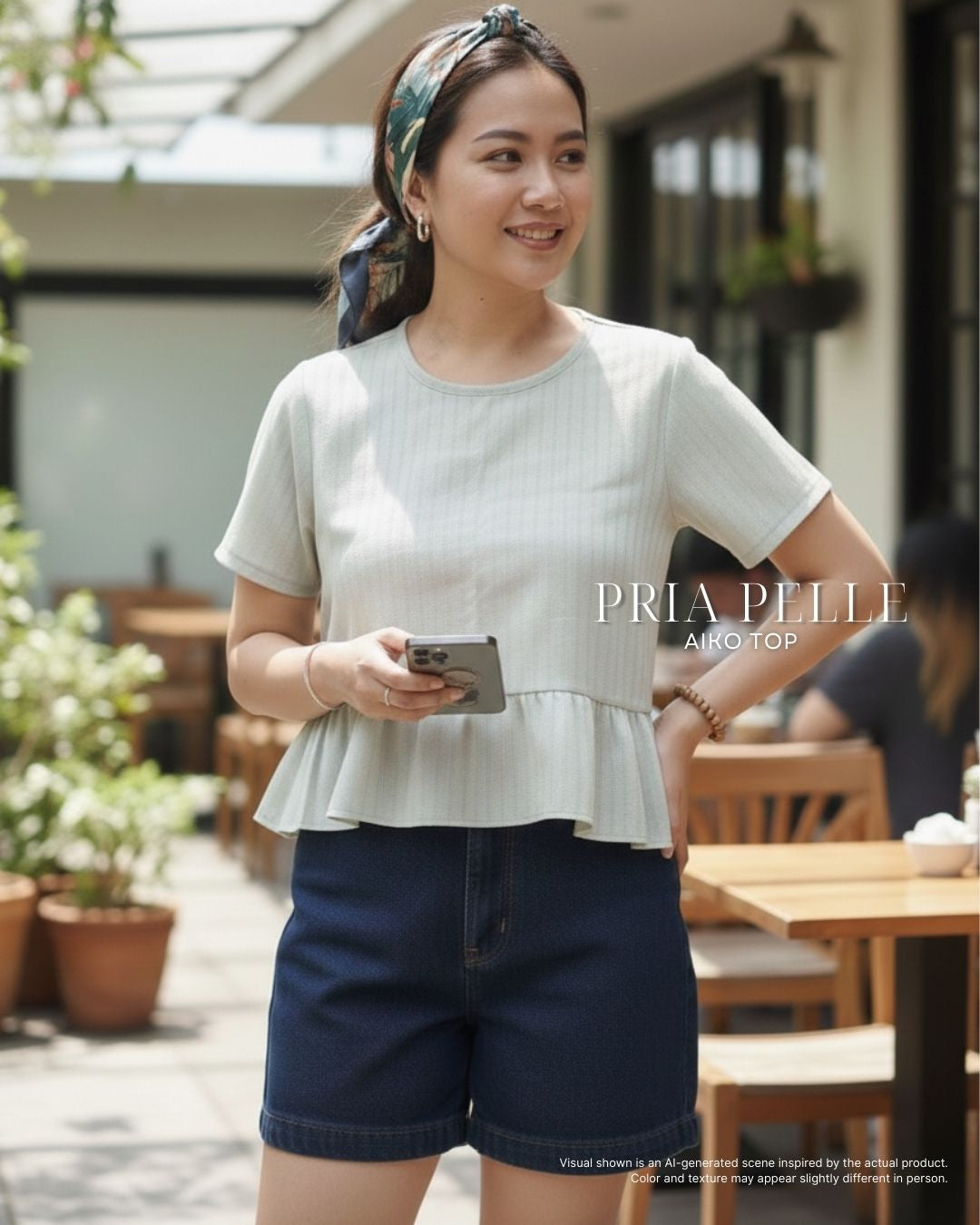 Pria Pelle Aiko Top - Cotton Textured Celeste Stripes Sage | Non Stretch