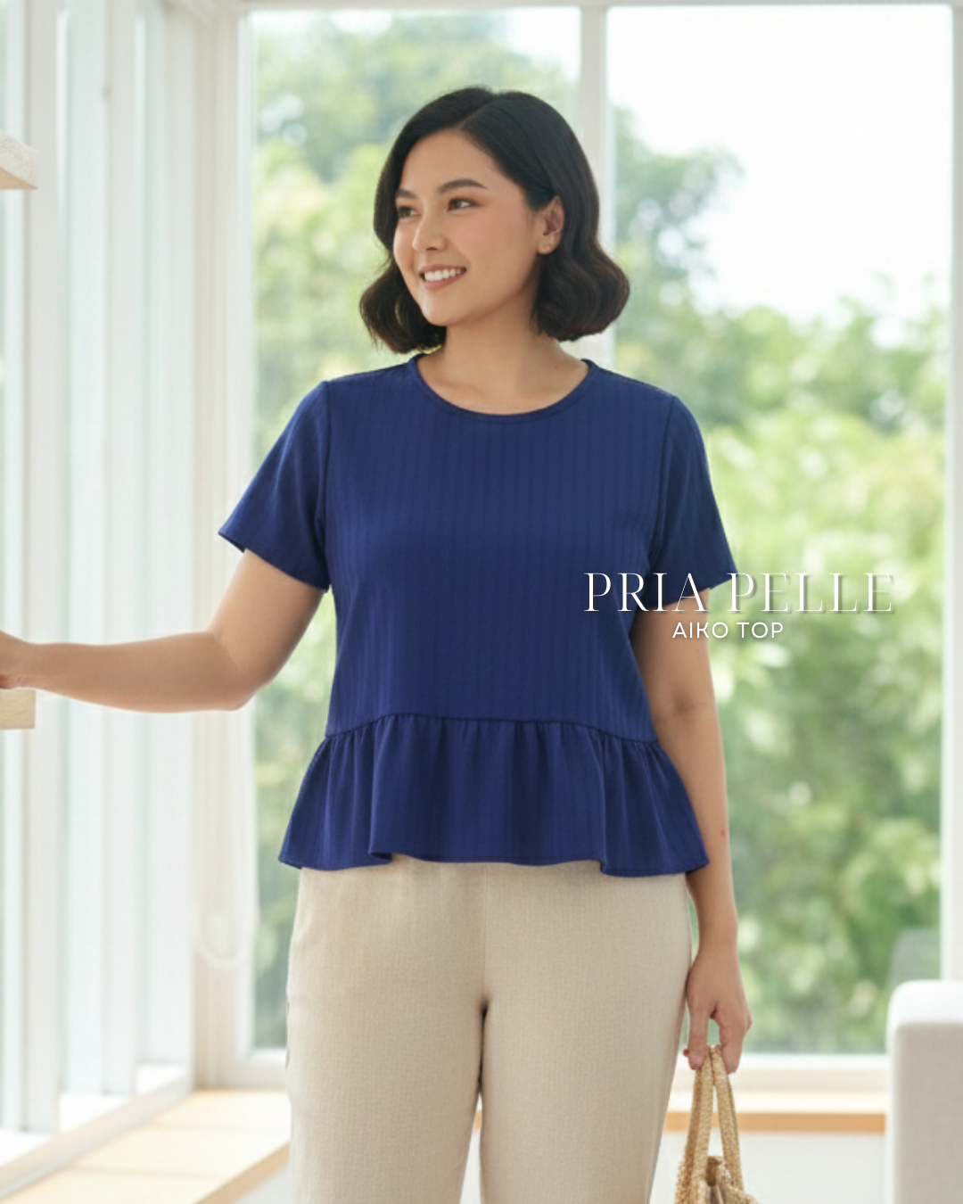 Pria Pelle Aiko Top - Cotton Textured Stripes Rhino Blue | Non Stretch