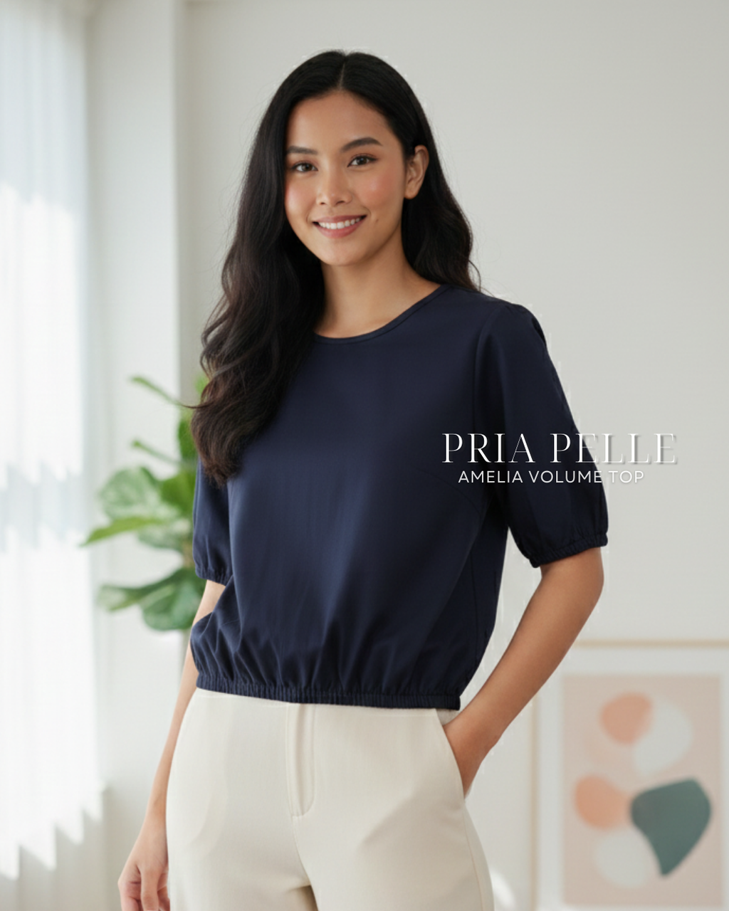 Pria Pelle Amelia Volume Top - Cotton Blend Blue Black (Subtle Herringbone Stripes) | Non Stretch