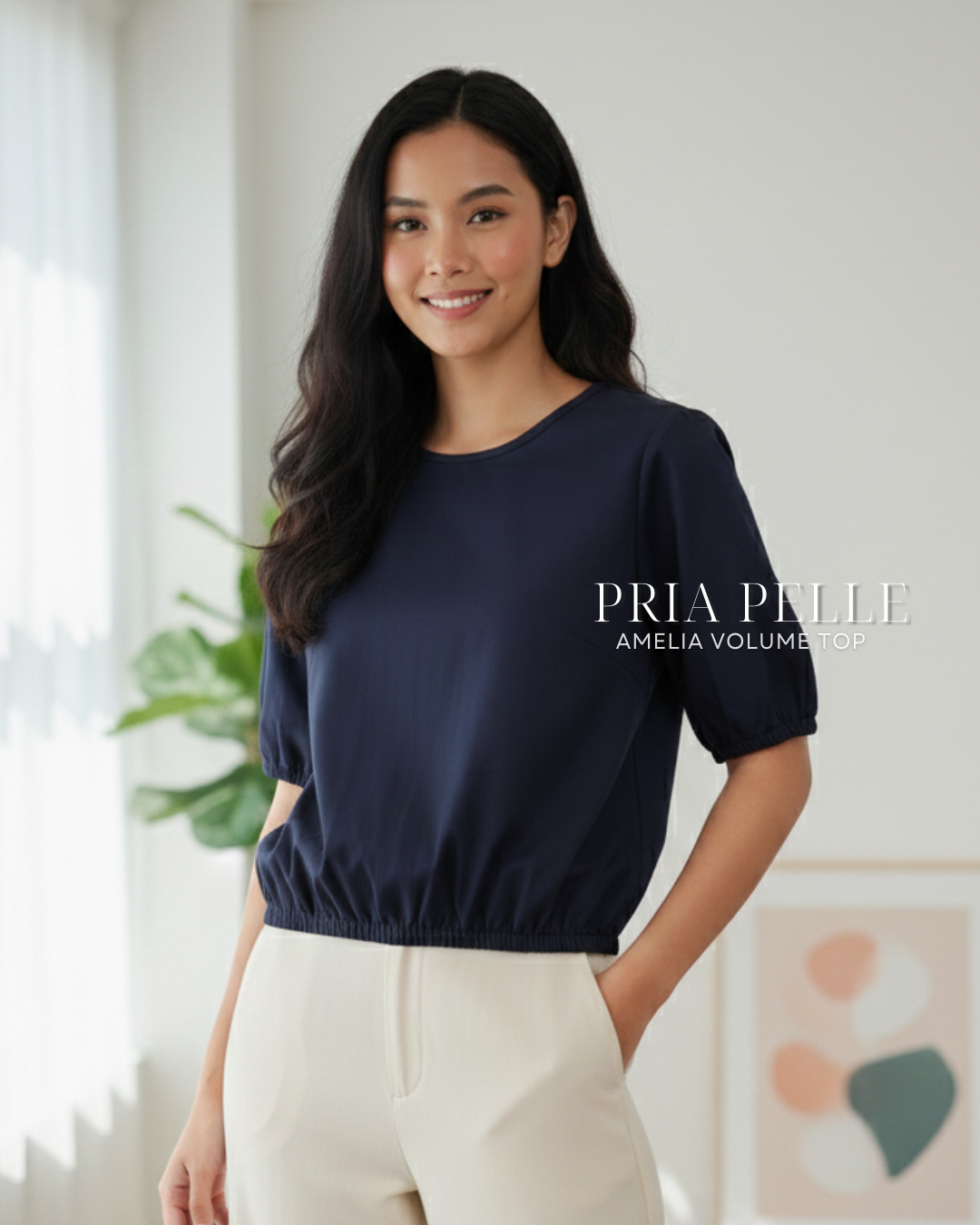 Pria Pelle Amelia Volume Top - Cotton Blend Blue Black (Subtle Herringbone Stripes) | Non Stretch