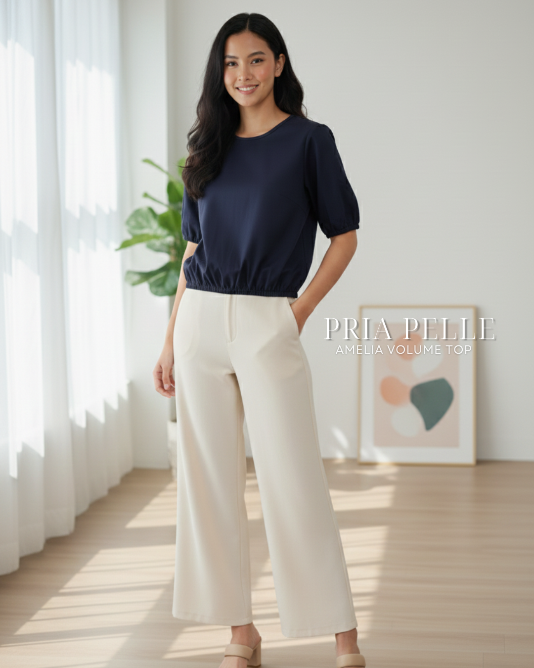 Pria Pelle Amelia Volume Top - Cotton Blend Blue Black (Subtle Herringbone Stripes) | Non Stretch