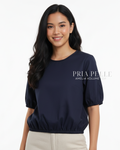 Pria Pelle Amelia Volume Top - Cotton Blend Blue Black (Subtle Herringbone Stripes) | Non Stretch