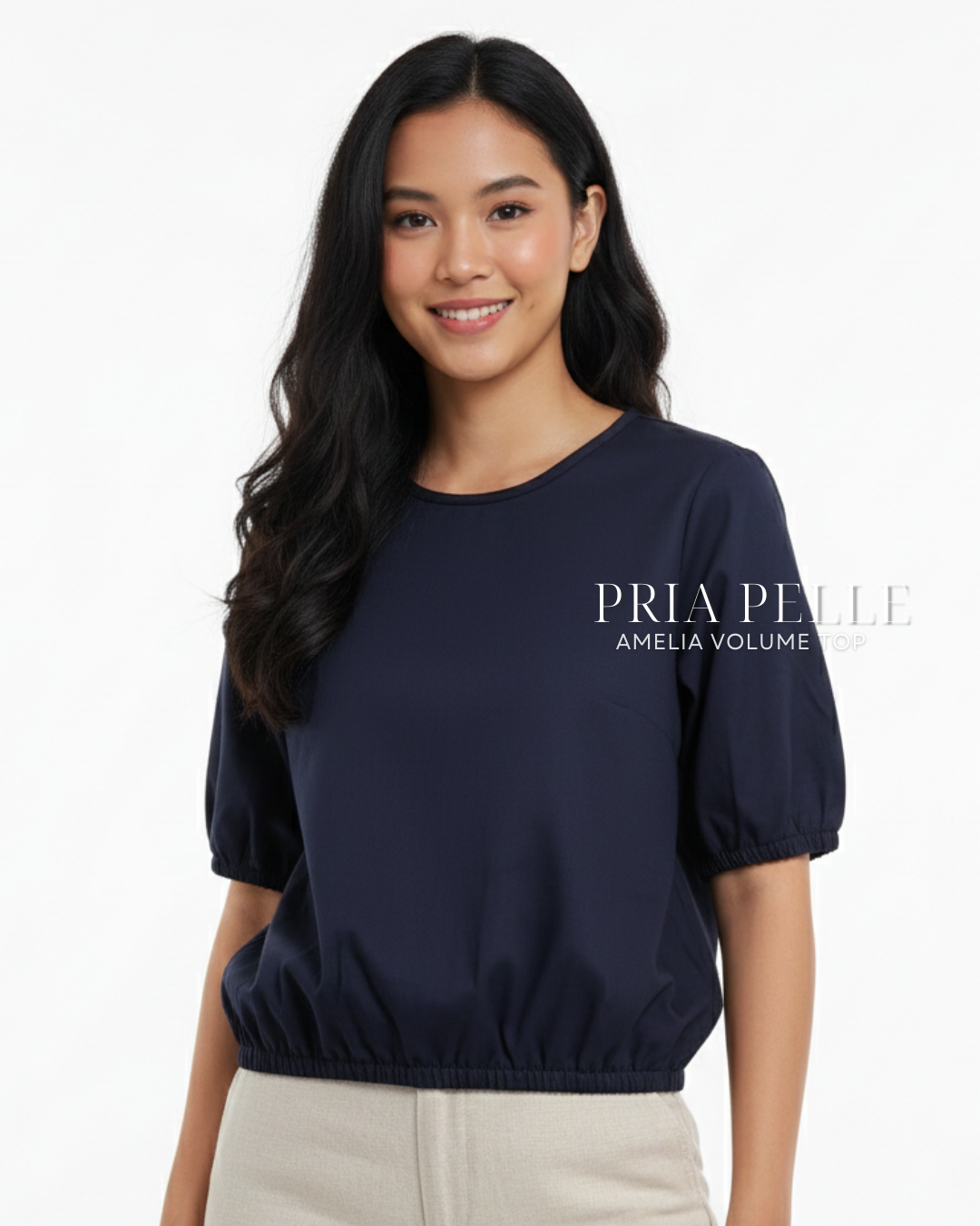 Pria Pelle Amelia Volume Top - Cotton Blend Blue Black (Subtle Herringbone Stripes) | Non Stretch