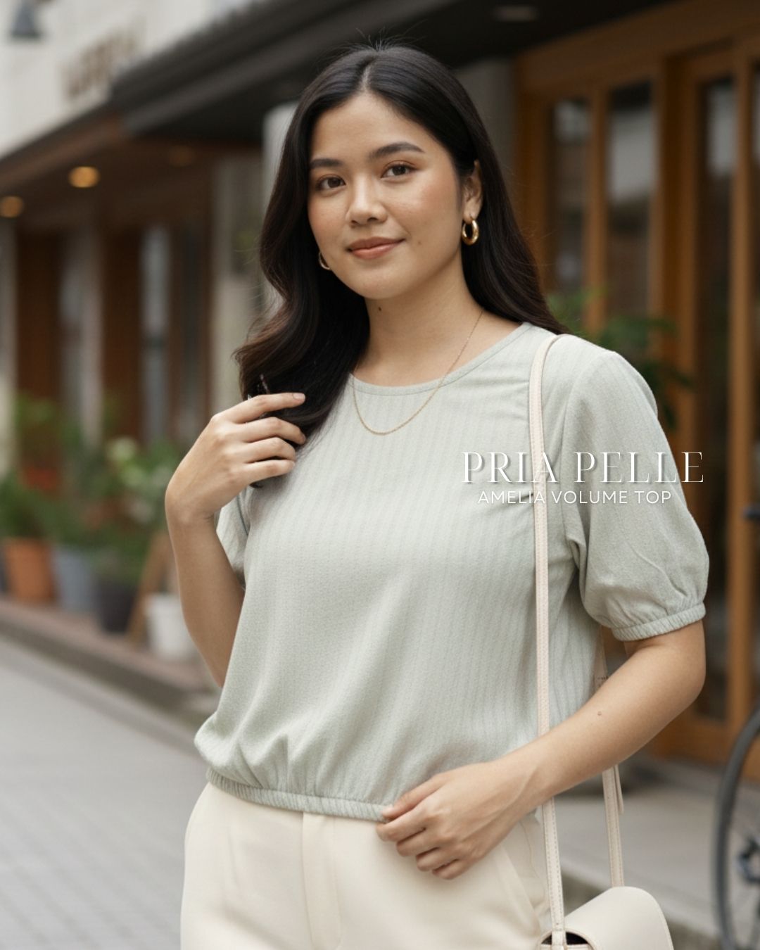 Pria Pelle Amelia Volume Top - Cotton Textured Celeste Sage Stripes | Non Stretch