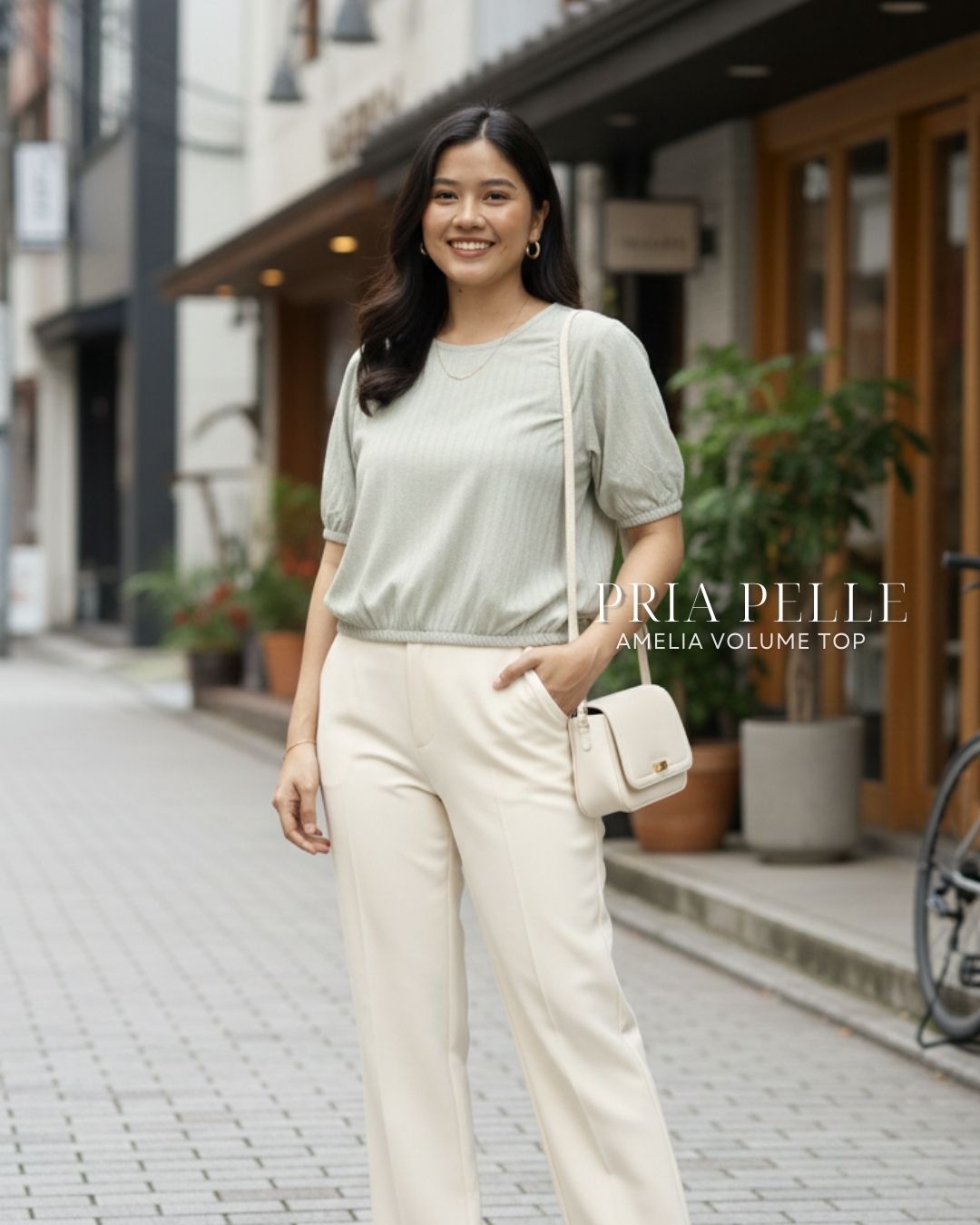 Pria Pelle Amelia Volume Top - Cotton Textured Celeste Sage Stripes | Non Stretch