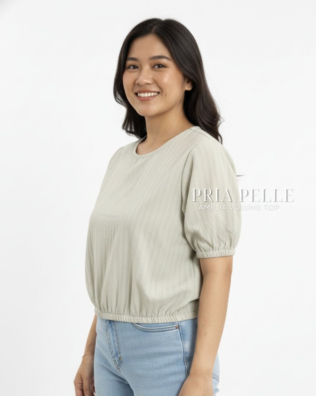 Pria Pelle Amelia Volume Top - Cotton Textured Celeste Sage Stripes | Non Stretch
