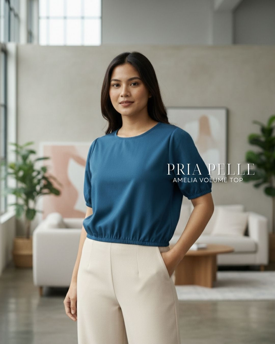 Pria Pelle Amelia Volume Top - Cotton Blend Catalina Blue (Subtle Herringbone Stripes) | Non Stretch