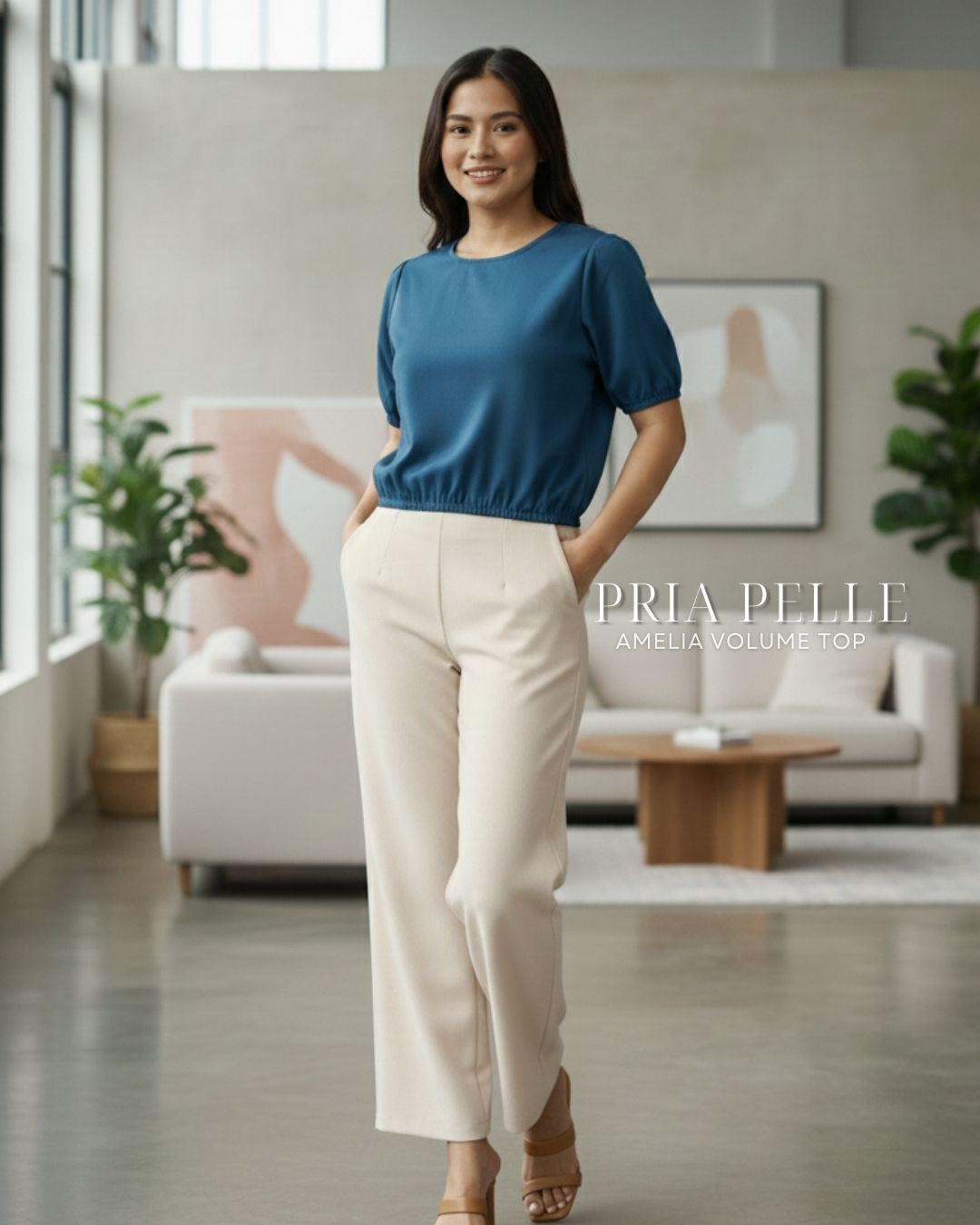 Pria Pelle Amelia Volume Top - Cotton Blend Catalina Blue (Subtle Herringbone Stripes) | Non Stretch