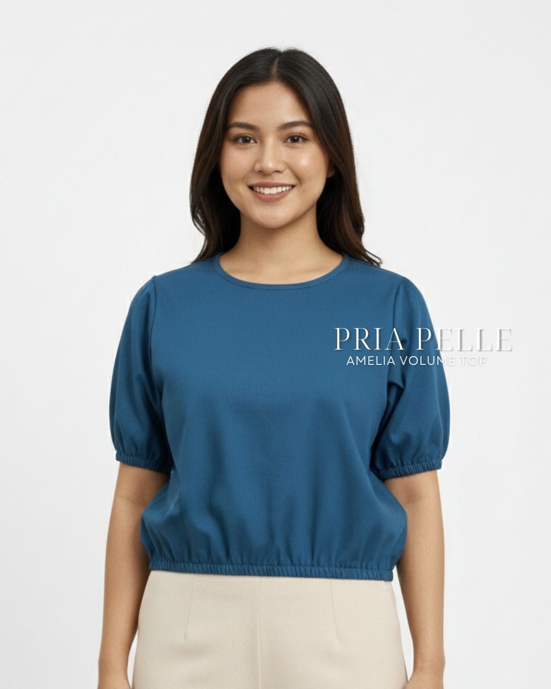 Pria Pelle Amelia Volume Top - Cotton Blend Catalina Blue (Subtle Herringbone Stripes) | Non Stretch