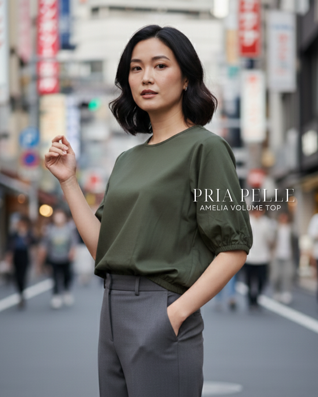 Pria Pelle Amelia Volume Top - Cotton Blend Metal Green | Non Stretch